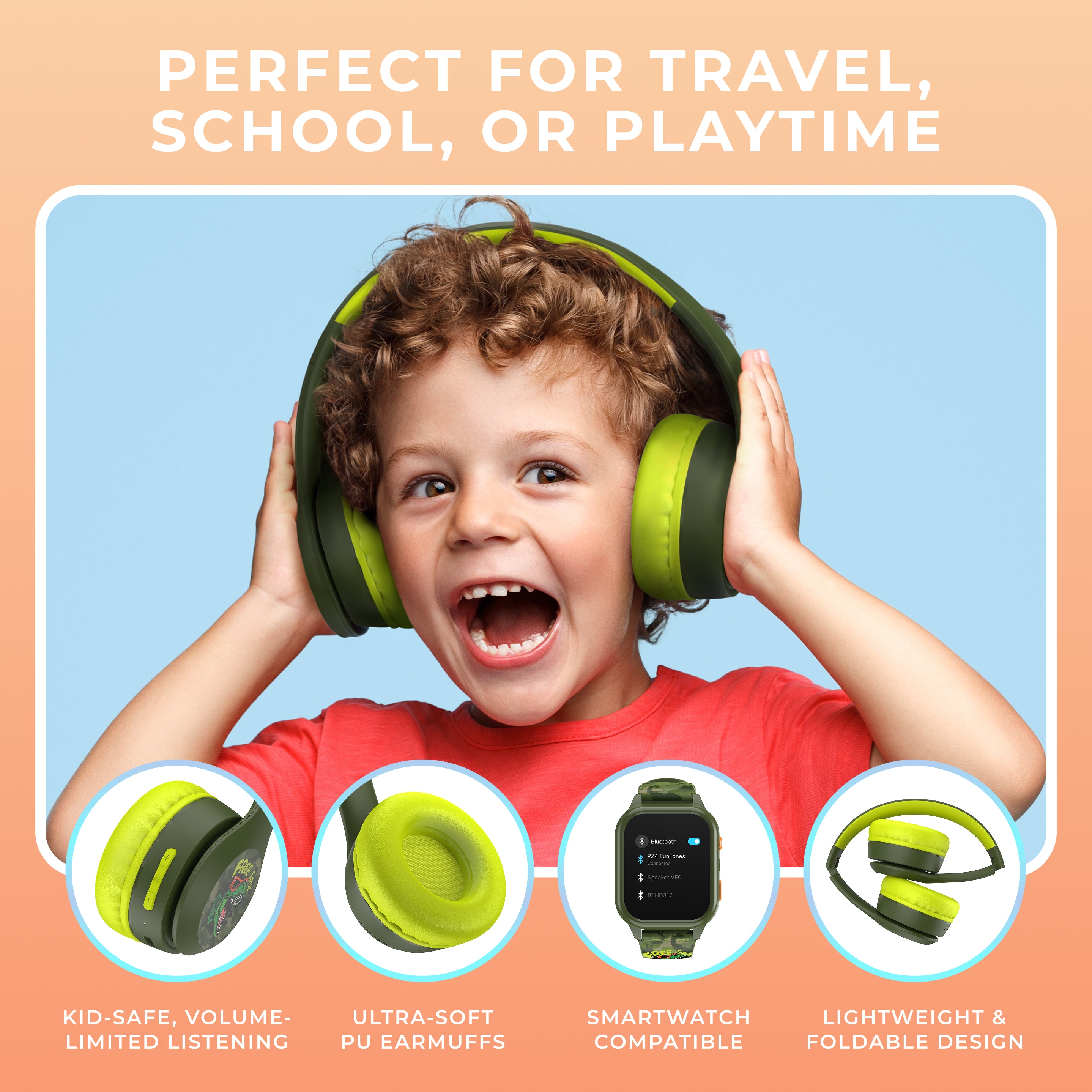 Child wearing green earmuffs with product features highlighted on a peach background