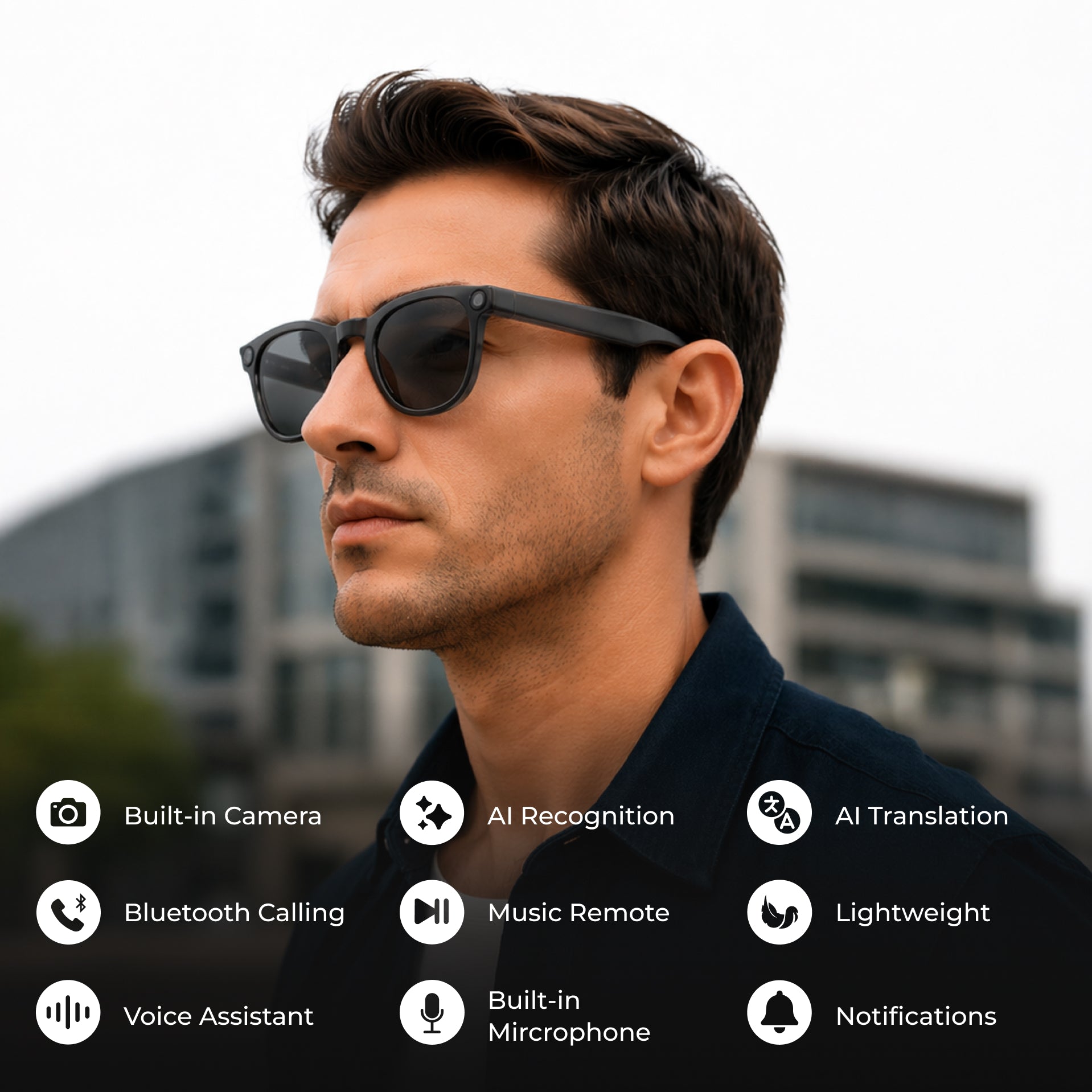 A man in profile wearing black smart sunglasses with a blurred outdoor city background. Overlaid text highlights features such as built-in camera, AI recognition, Bluetooth calling, music remote, AI translation, lightweight design, voice assistant, built-in microphone, and notifications.