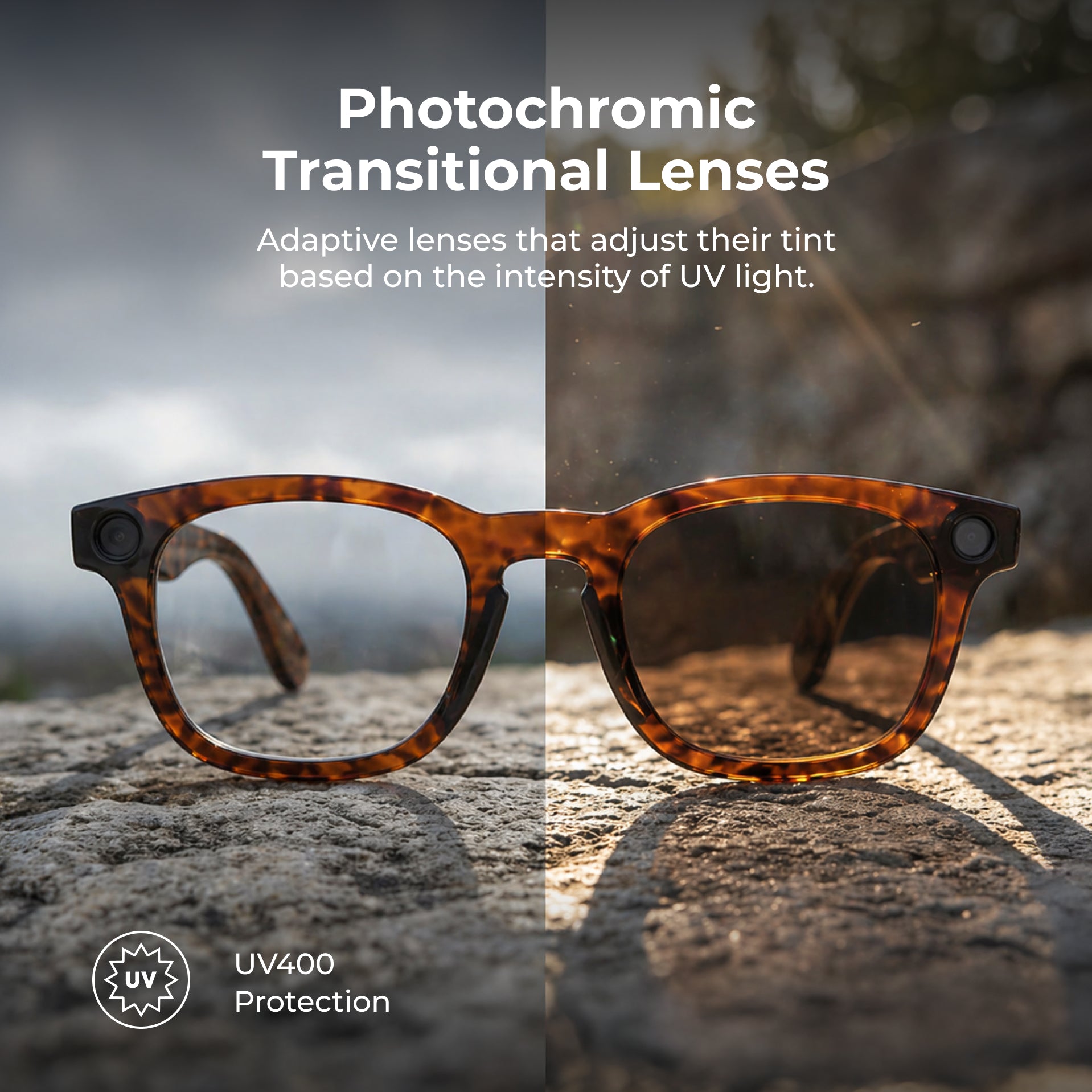 Photochromic transitional eyeglasses with a tortoiseshell frame, shown resting on a rock with a split-screen comparison of their transparent and tinted lens states. Text overlays read 'Photochromic Transitional Lenses' and 'UV400 Protection'.