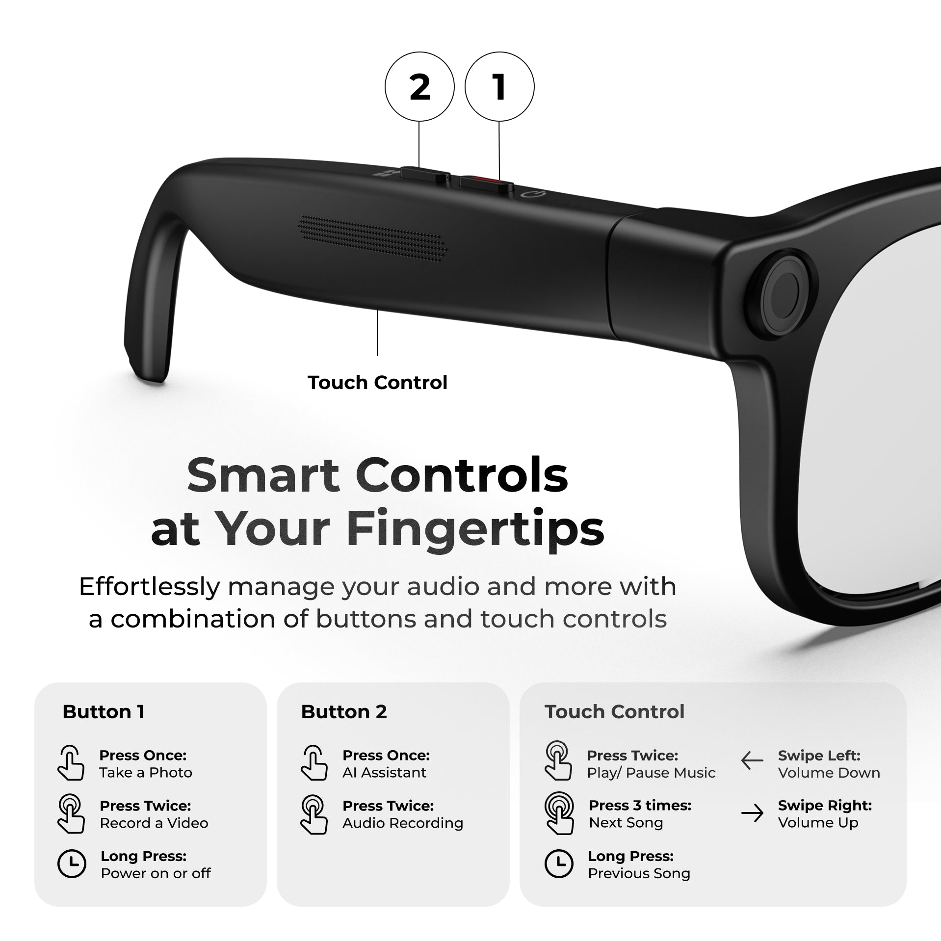 A product feature diagram showing a black smartwatch on a white background with callouts for Button 1, Button 2, and Touch Control, plus text explaining smart audio controls.