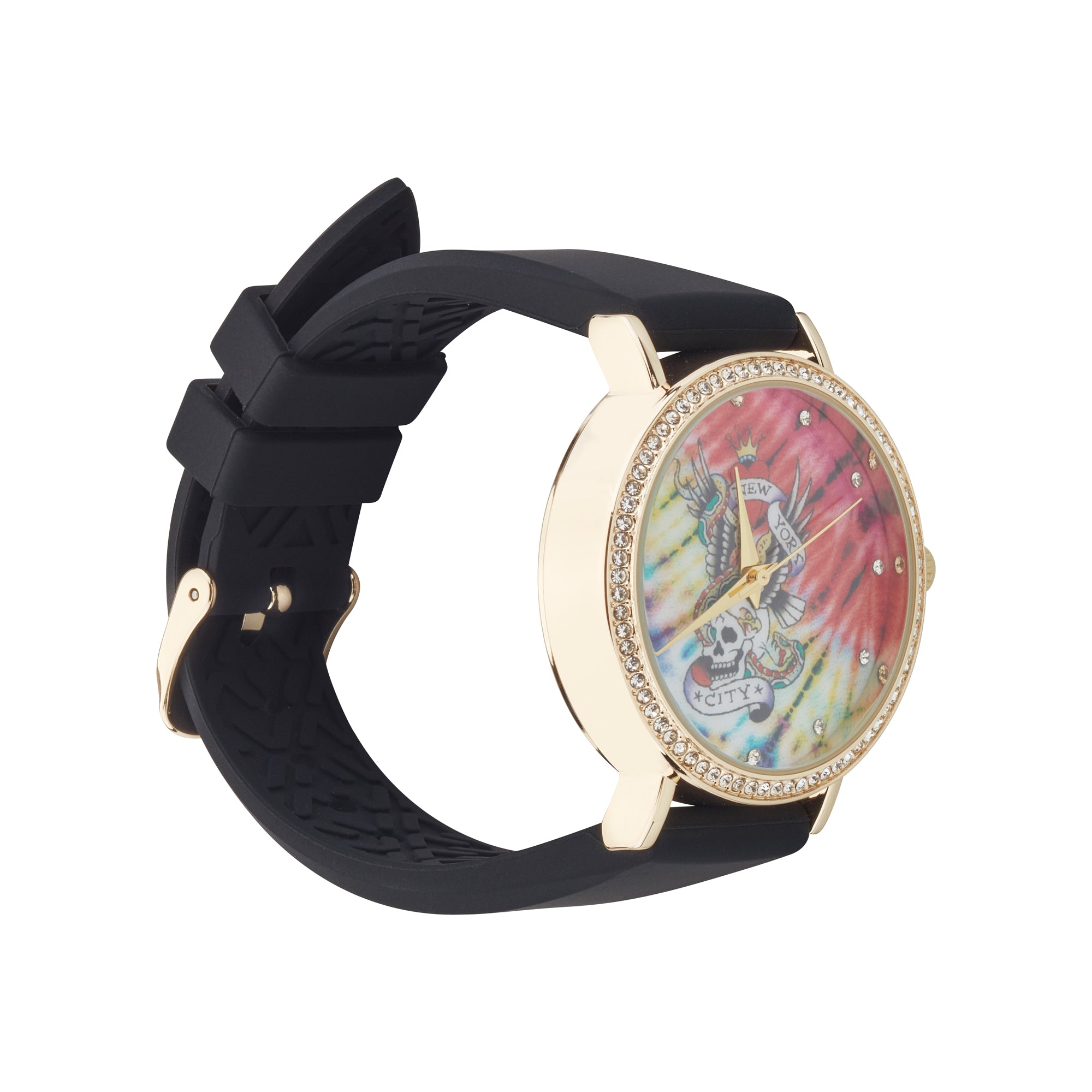 Ed Hardy Ladies Rubber Mul(Print)/Black Plain Analog Watch