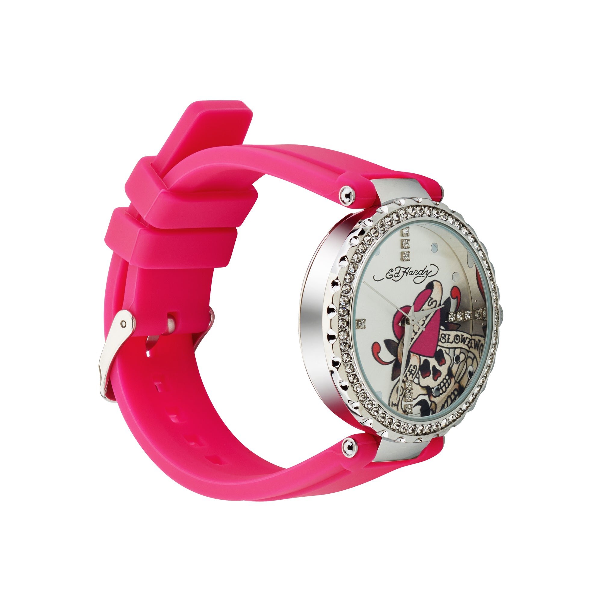 Ed Hardy Ladies Rubber Sliver/Fushia Plain Analog Watch