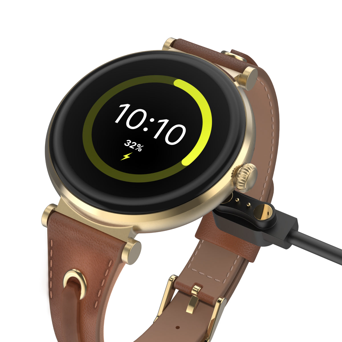Smartwatch with brown leather strap and gold accents charging on a white background