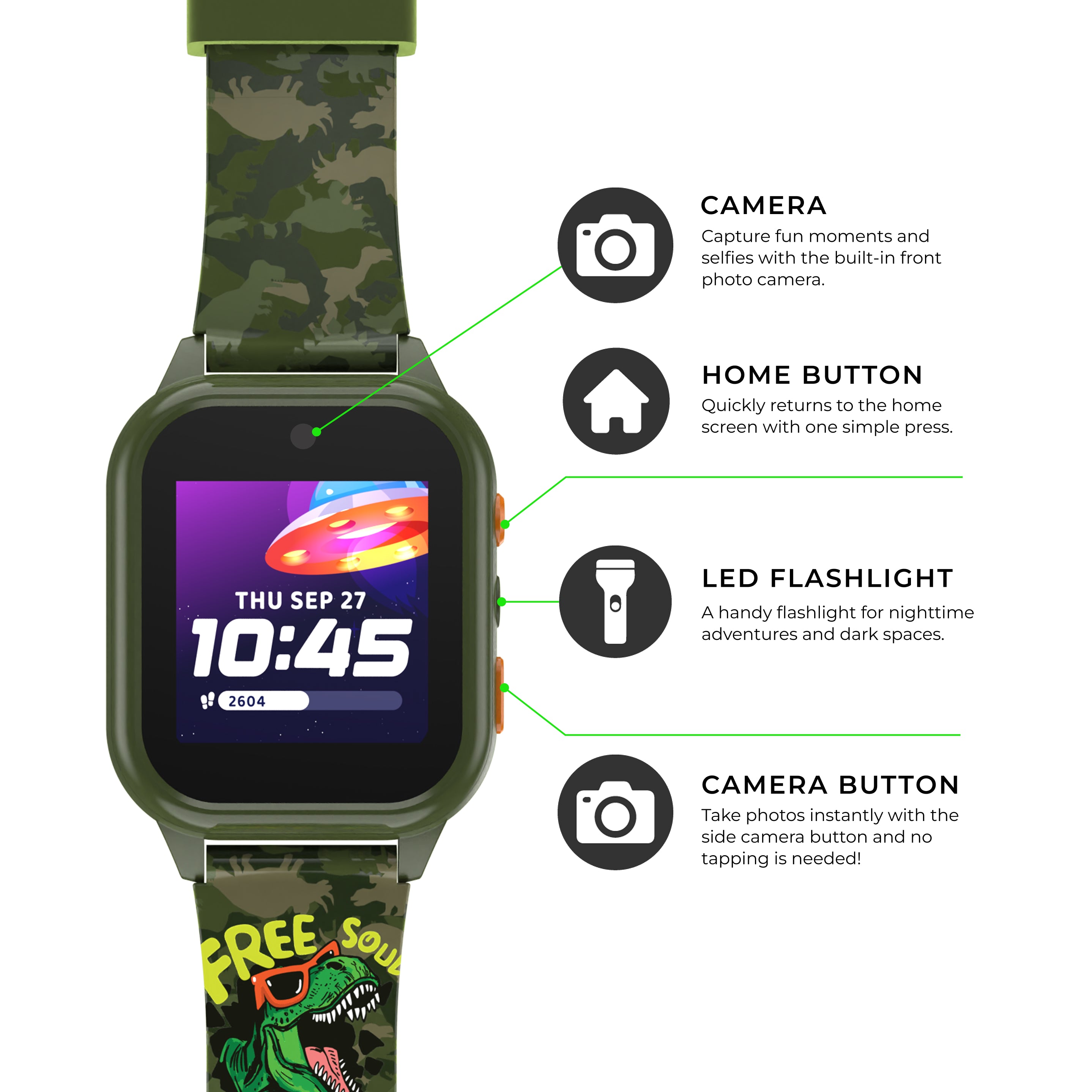 Smartwatch with camouflage band and features highlighted on a white background