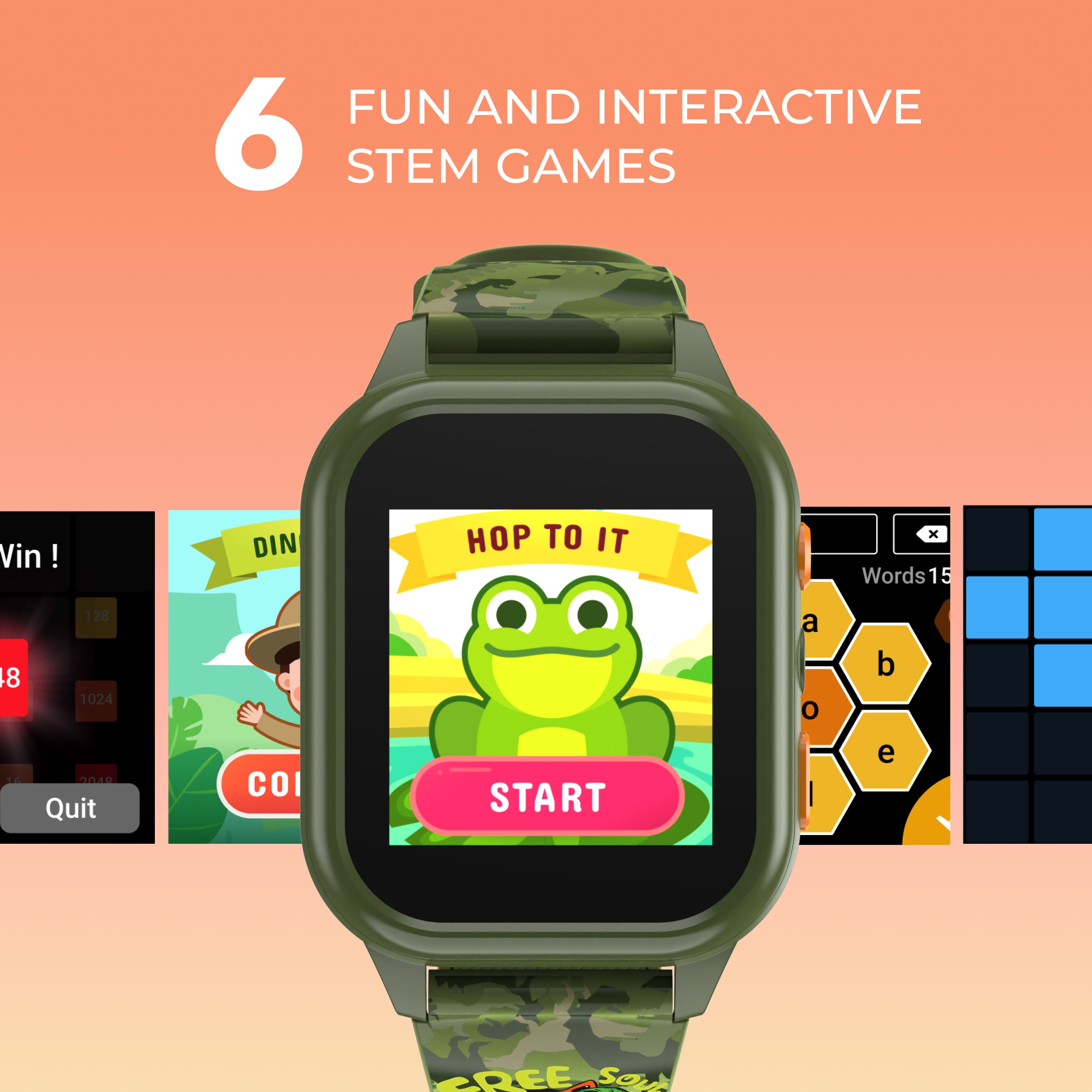 Children's smartwatch with a frog game on screen against an orange background