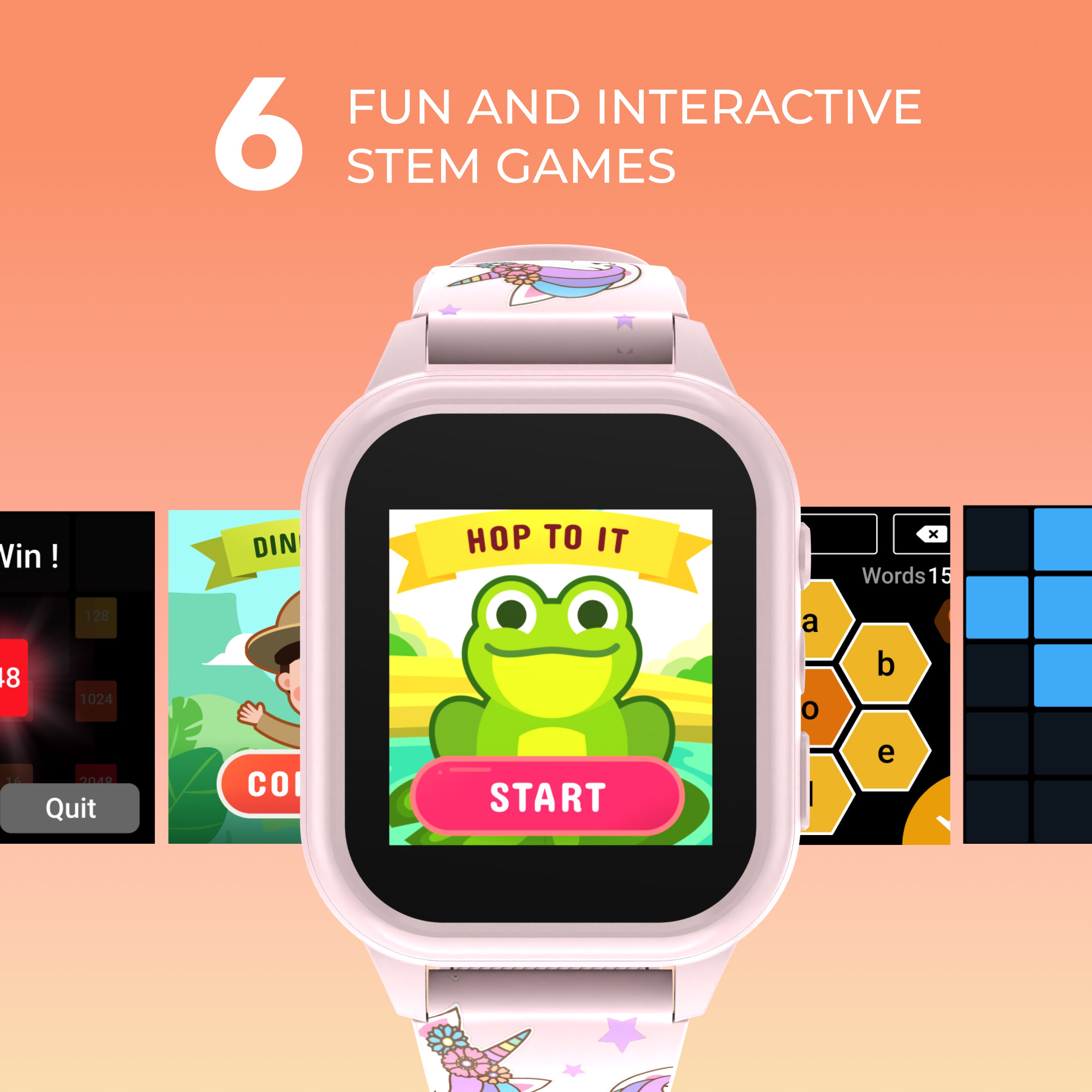 Children's smartwatch with educational games on a peach background