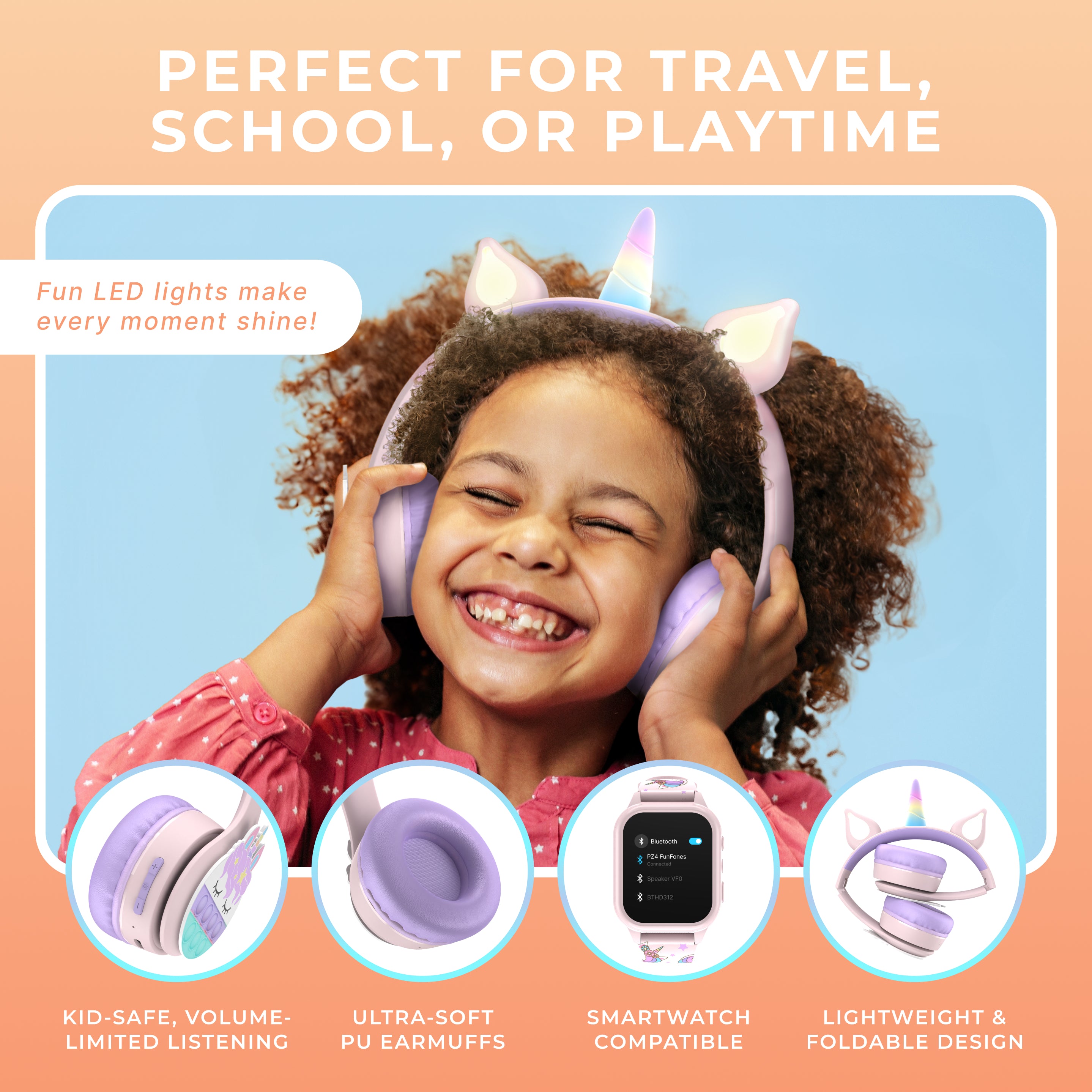 Child wearing unicorn-themed headphones with product features highlighted on a peach background