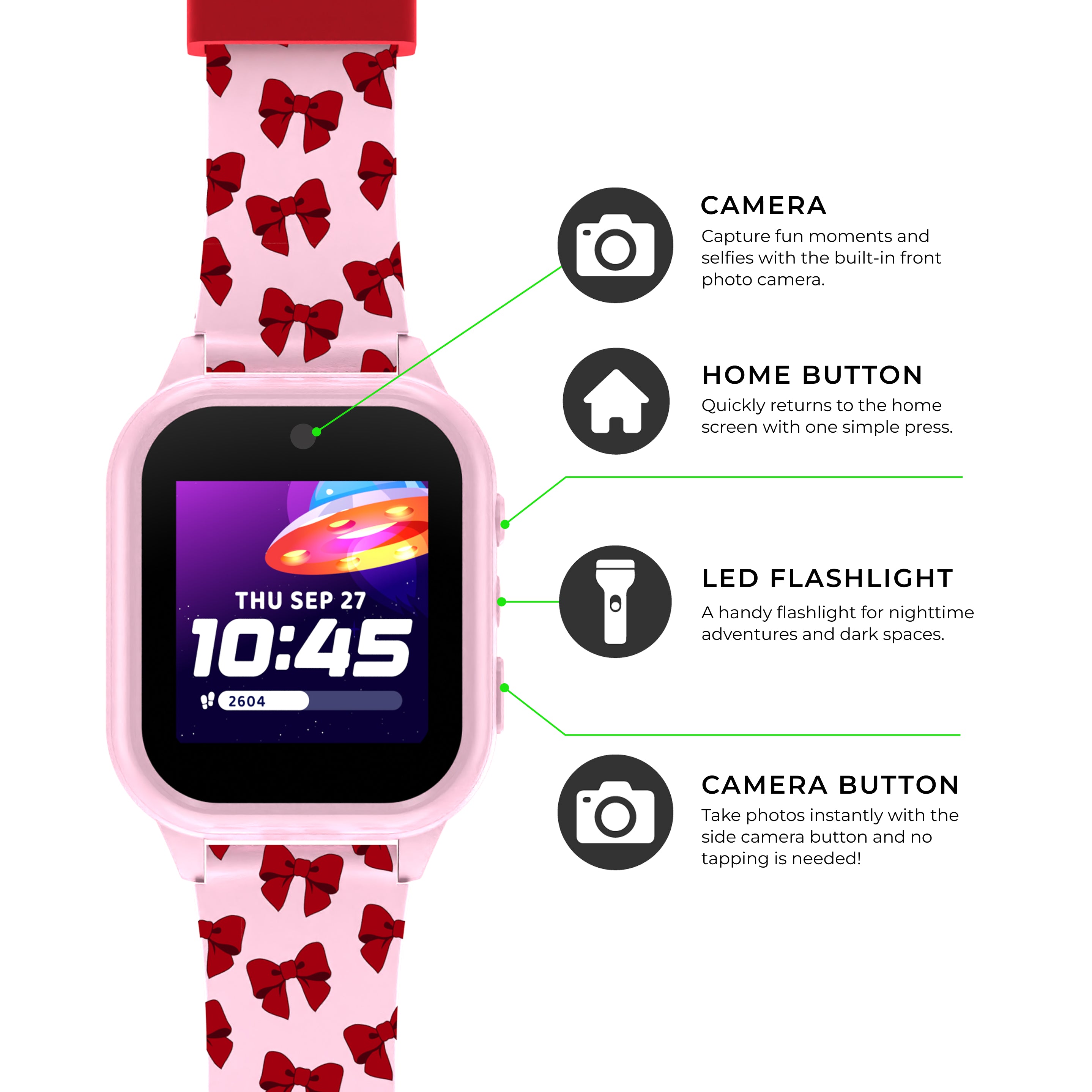 Smartwatch with a red bow pattern on the strap, featuring camera, home button, LED flashlight, and camera button functions.