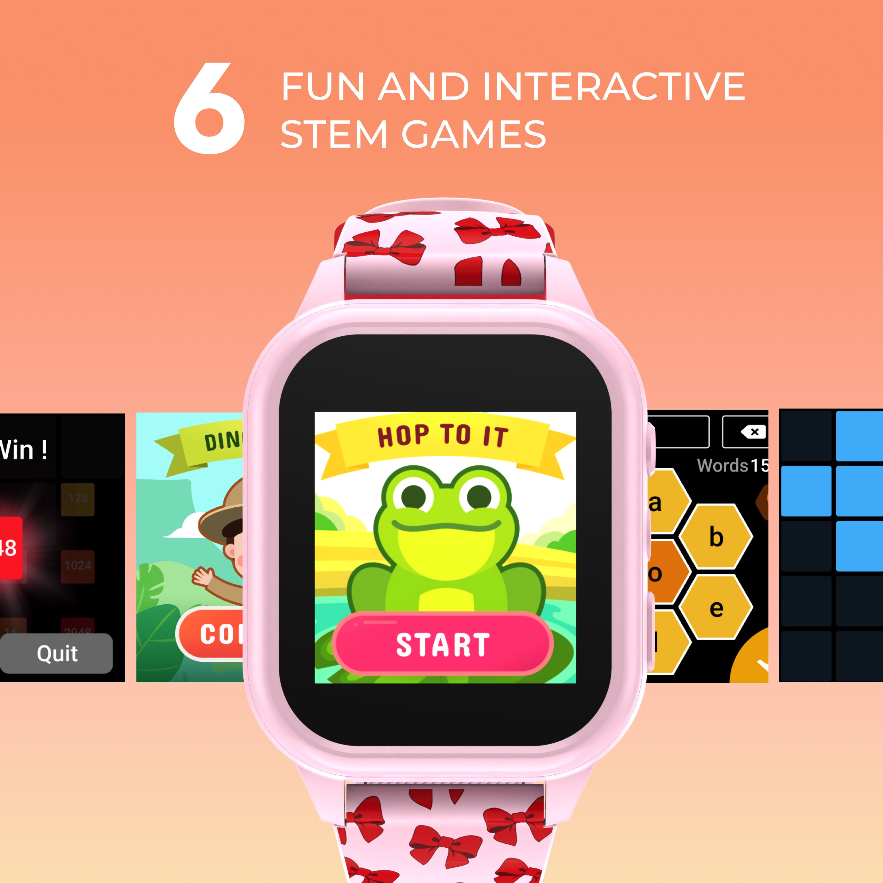 Children's smartwatch with educational app on screen against a peach background