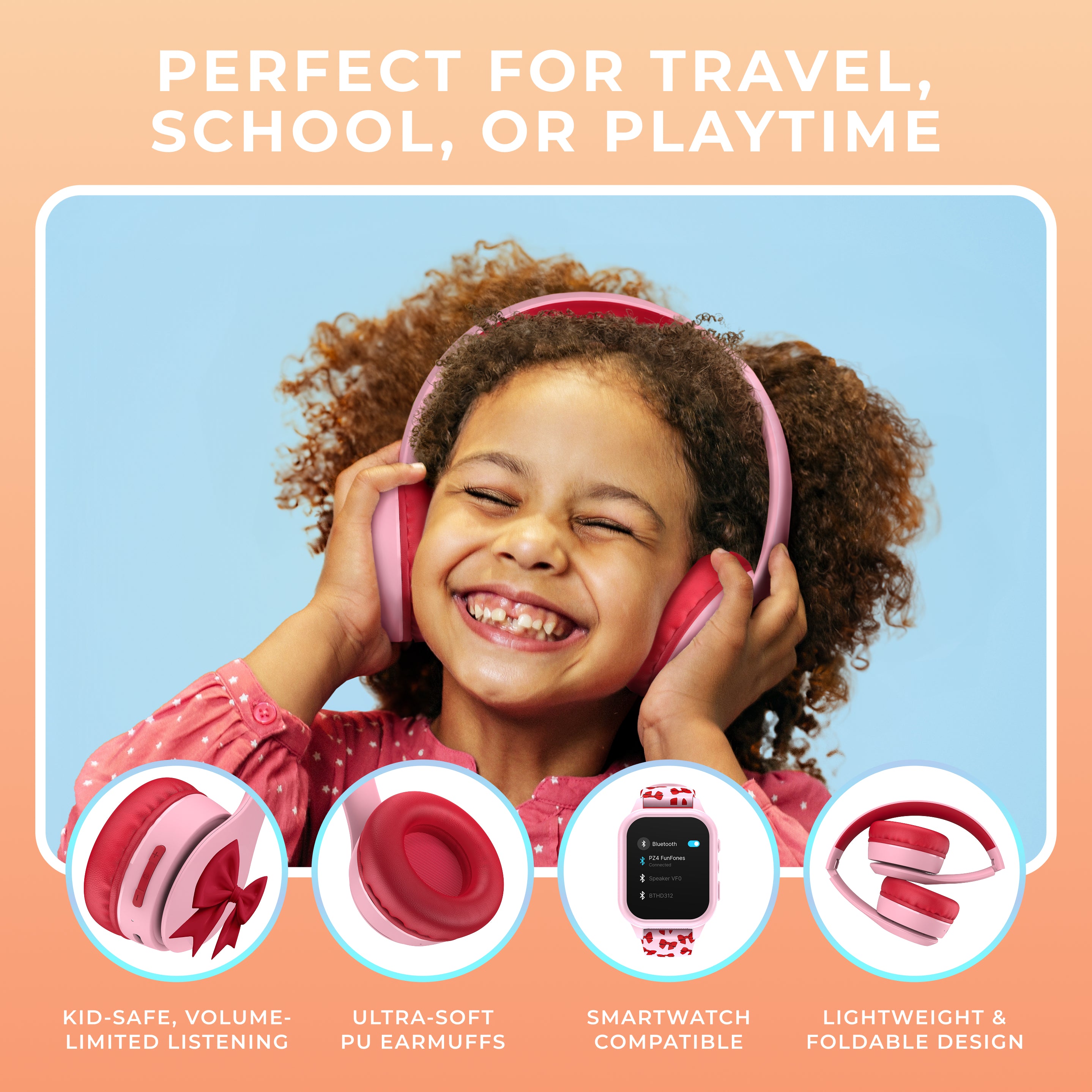 Child wearing pink headphones with product features highlighted on a peach background