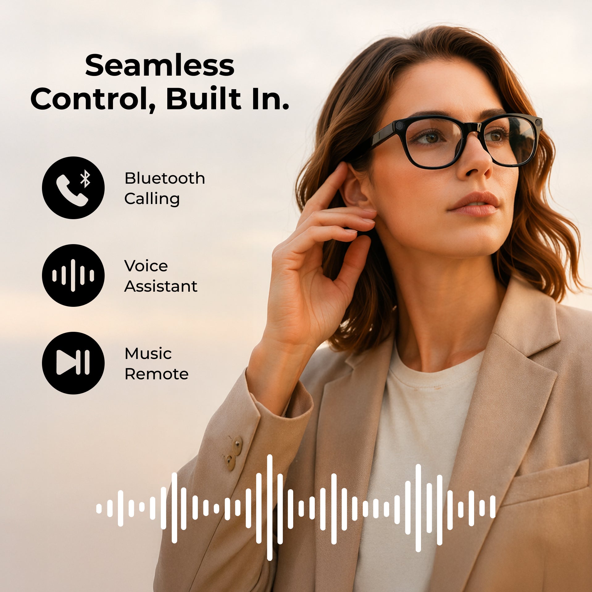 A woman wearing black rectangular glasses is shown against a soft beige background with promotional text reading 'Seamless Control, Built In.' and feature icons for Bluetooth calling, voice assistant, and music remote.