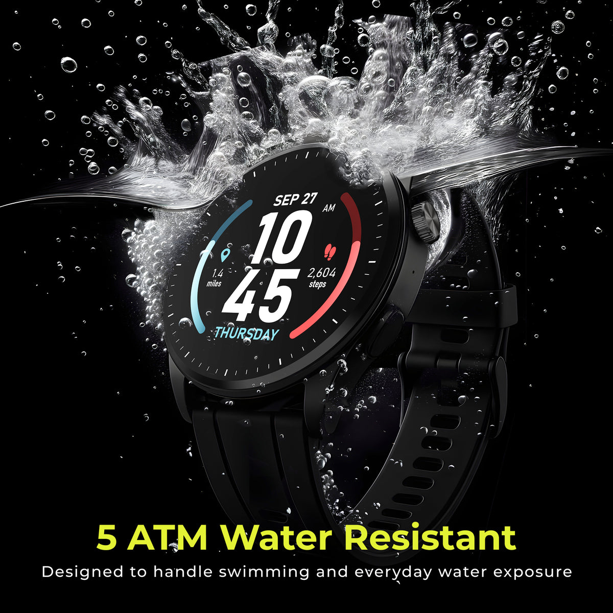 A black smartwatch with a round display and black strap, shown underwater with a dramatic water splash around it. The watch face displays digital time and activity metrics.