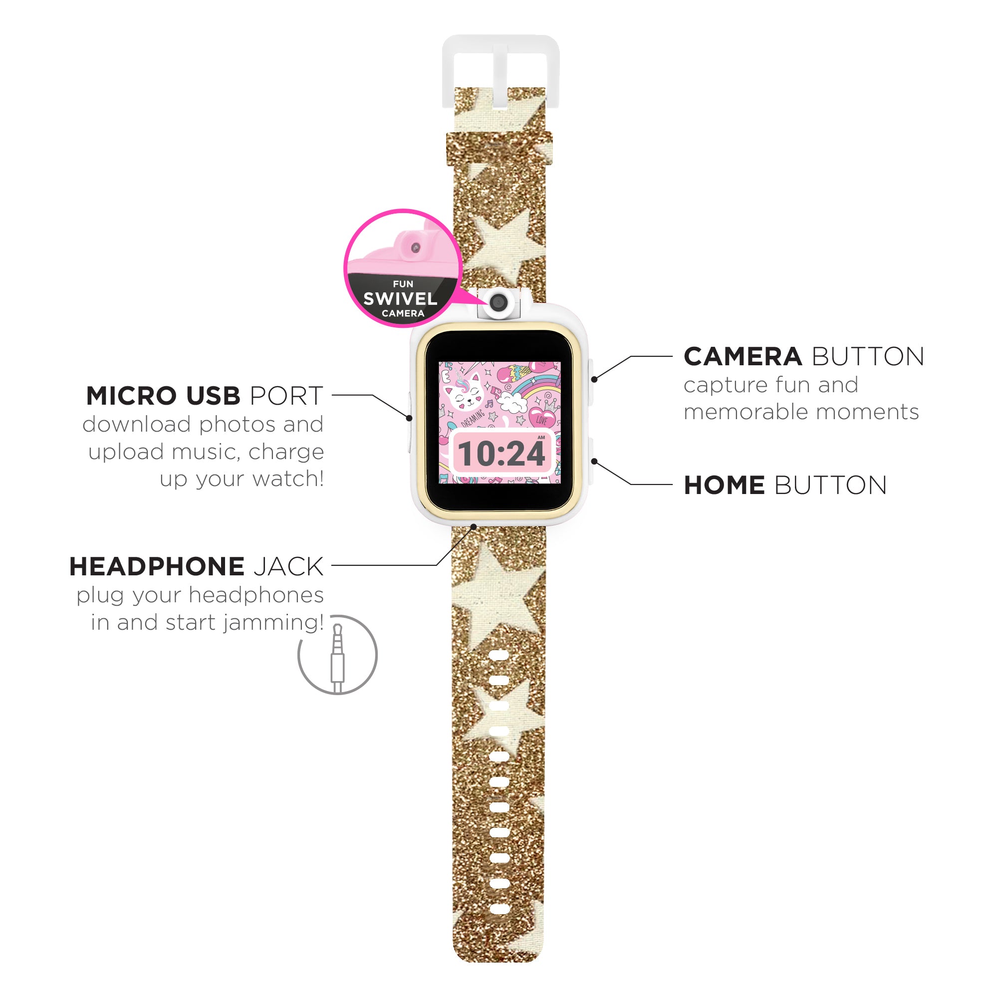 PlayZoom 2 Kids Smartwatch with Headphones: Gold Star Print affordable smart watch with headphones