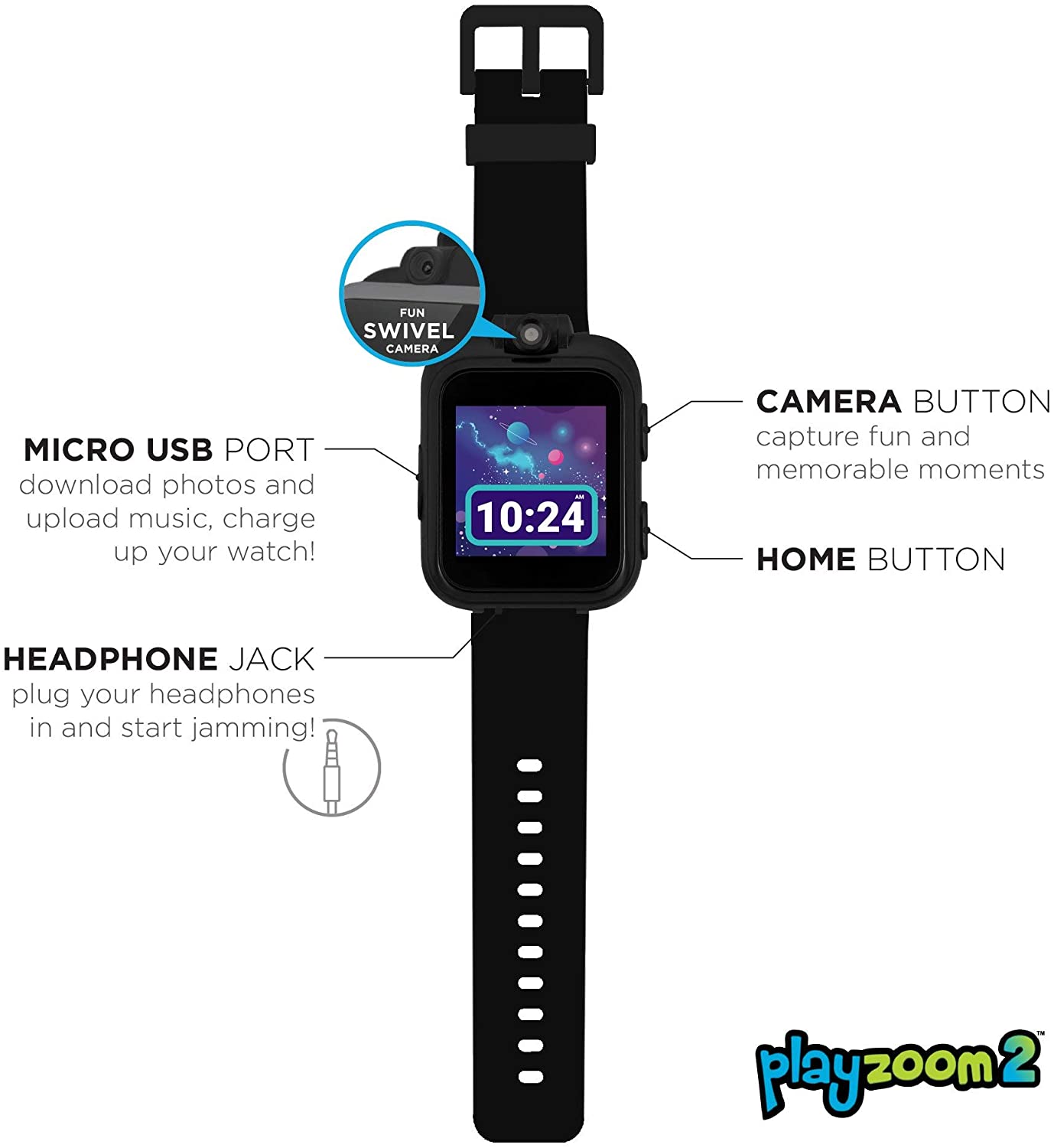 PlayZoom 2 Kids Smartwatch & Earbuds Set: Solid Black